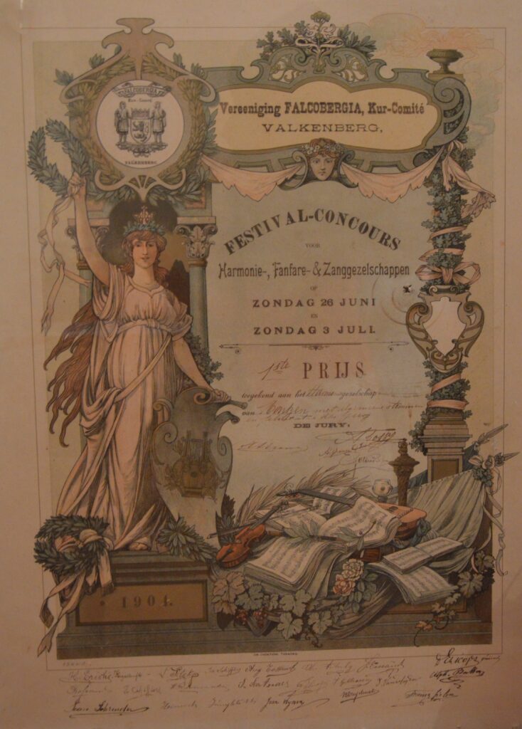 Diplome illustré du concours Valkenbreg. Premier prix. Écriture en néerlandais.